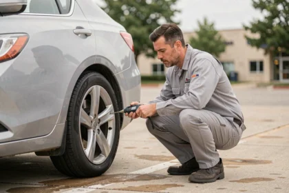 Homme vérifiant la pression des pneus de sa voiture pour réduire la pollution et améliorer la consommation de carburant