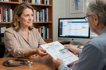 Femme remettant ses documents médicaux à un médecin lors d'une visite pour le permis de conduire