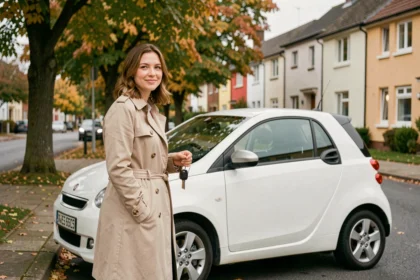 Femme souriante tenant ses clés de voiture devant une petite citadine blanche garée dans un quartier résidentiel, illustrant un budget auto maîtrisé à moins de 100 euros par mois.