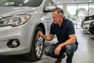 Ingénieur automobile inspectant une berline compacte fiable dans une concession moderne