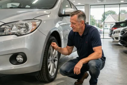 Ingénieur automobile inspectant une berline compacte fiable dans une concession moderne