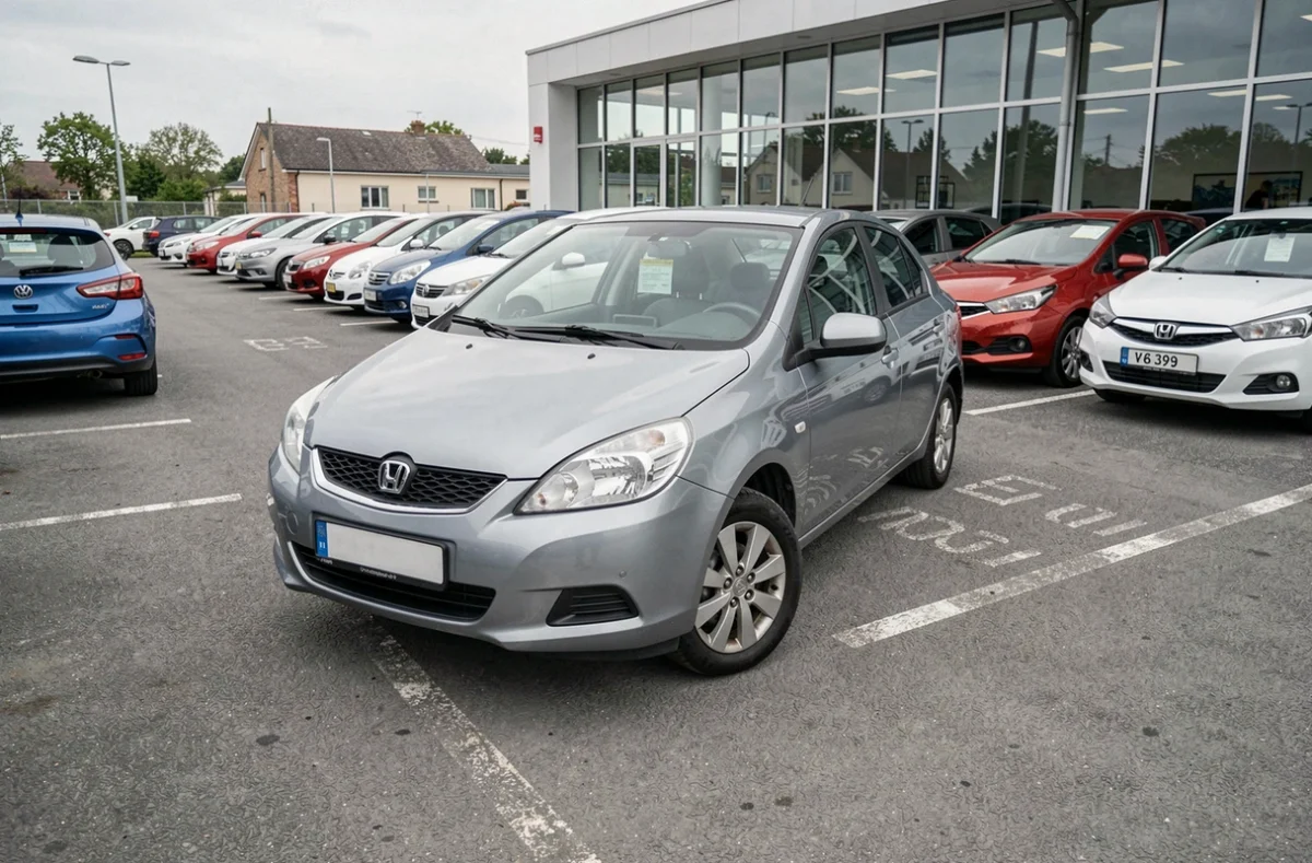 Berline compacte d'occasion en bon état dans un lot de concessionnaire automobile avec des étiquettes de prix visibles, représentant les options de véhicules abordables à moins de 100 euros par mois.
